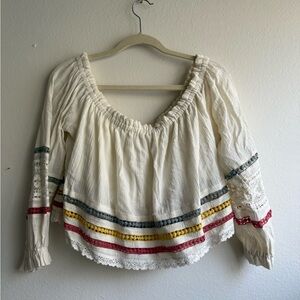 Poof! Cream Boho Peasant Top with Multicolor Trim